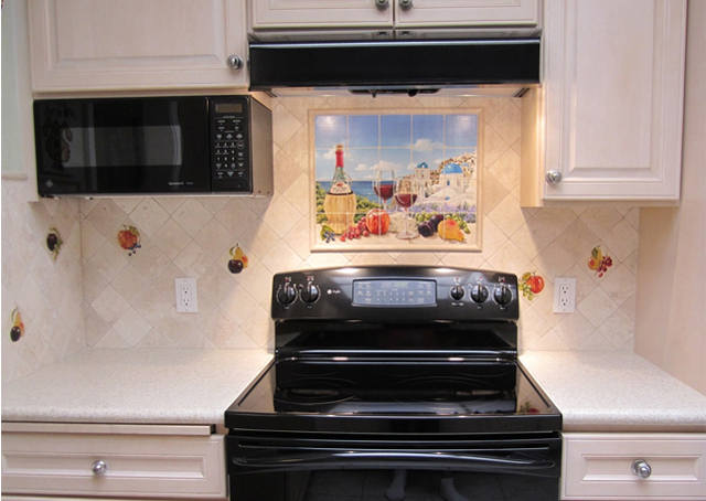 i wanted to share some pictures of a custom mural installation my husband john and, appliances, kitchen backsplash, kitchen design, tiling, After picture with new handpainted tile mural and coordinating accent t