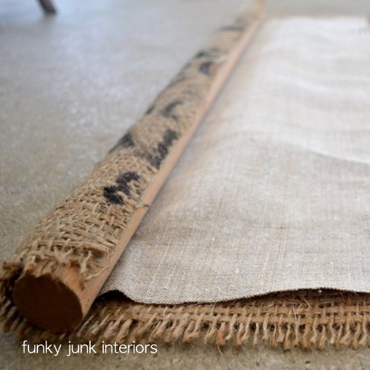 make your own coffee sack shades fast and easy, home decor, window treatments, windows, Here s a shot of how the fabric was glued together then glued to the rod These are dummy panels so they didn t have to actually work Full tutorial can be seen on my blog at