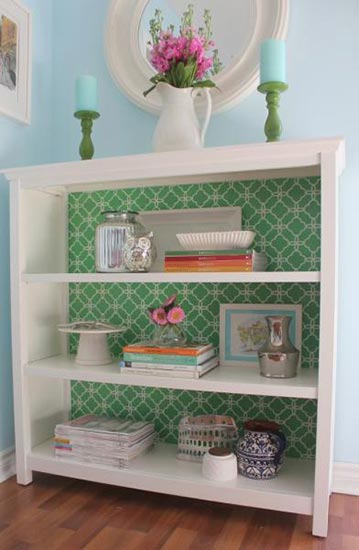 stenciling and pattern ideas for bookcases and cabinets, painted furniture, Design guru Sarah Gunn of Yummy Mummy Club used our Eastern Lattice Moroccan Stencil in a vibrant green for a super statement