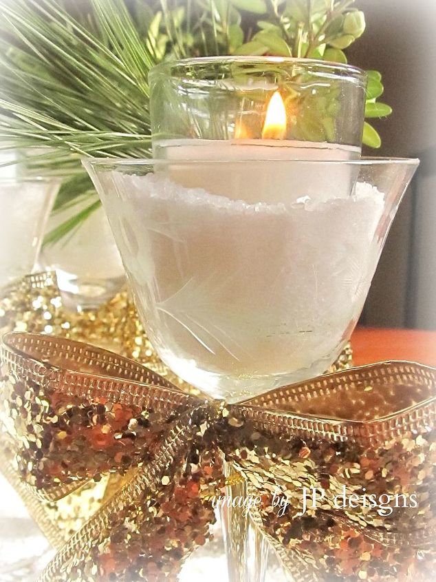 a golden glitter snowy candlescape centerpiece, seasonal holiday decor