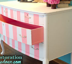 pink striped antique dresser, painted furniture, open drawer
