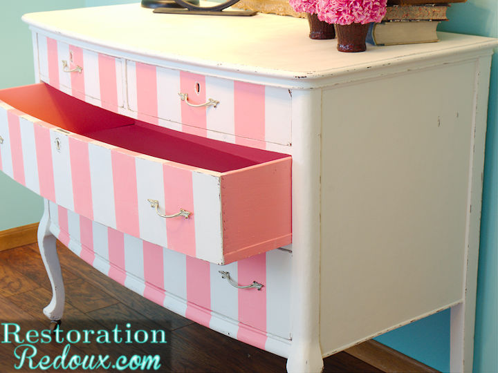 pink striped antique dresser, painted furniture, open drawer