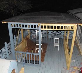 updated and transformed deck to oasis of serenity, decks, diy, how to, outdoor living, porches, woodworking projects, well it took many sleepless nights of studying and soul searching but Donnie finally decided how he wanted to construct the perfect roof HE WAS ADAMANT THAT IT WOULDNT BE FLAT