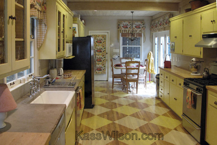 home decor painting a floor, flooring, hardwood floors, home decor, kitchen design, painting, A charming vintage kitchen with custom design on the hardwood floors See the full story at