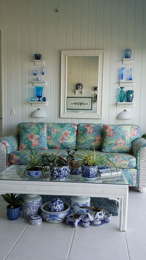 blue and white sun porch from yard sales and thrift stores, home decor, porches