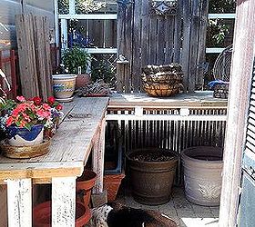 potting table from 100 reclaimed items, gardening, painted furniture, pallet, repurposing upcycling, Now this unused area between my aviary and workout cabana has new life