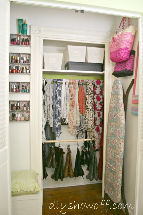 just wanted to share i did some organizing and gave a 2nd guest bedroom some, home decor, organizing, repurposing upcycling, tiny original closet in the back of this closet for hanging boots displaying scarves
