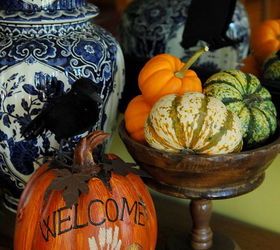 decorating with the dollar tree, christmas decorations, halloween decorations, seasonal holiday d cor, wreaths, Thrifted fruit bowls dollar tree raven walmart gourds and pumpkins