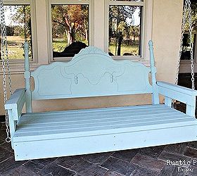 back porch headboard swing, diy, outdoor living, repurposing upcycling, Once the swing was put together we added chains and hung it from the porch awning I painted it two coats of Annie Sloan s Duck Egg