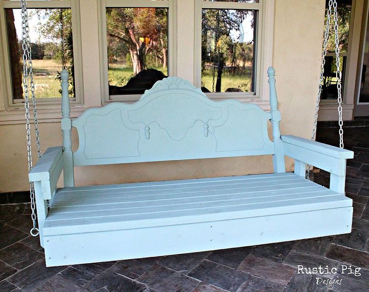 back porch headboard swing, diy, outdoor living, repurposing upcycling, Once the swing was put together we added chains and hung it from the porch awning I painted it two coats of Annie Sloan s Duck Egg