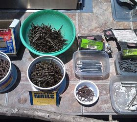 potting table from 100 reclaimed items, gardening, painted furniture, pallet, repurposing upcycling, I found this great stash of nails and screws at an abandoned tack room covered in dust A quick rinse and they were good to go