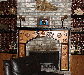 here is another little project of ours when we bought this house the living room, home decor, living room ideas, And PYOW What a BIG DIFFERENCE He even custom built the mantle for me The copper on the walls is that sheeting that you use for a backsplash in most kitchens We felt like it made a dramatic statement