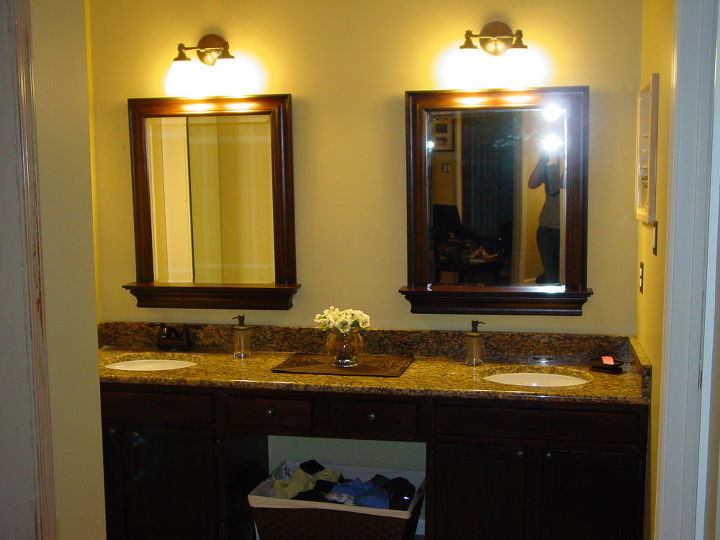 replaced a sheet mirror stained cabinets new lighting new granite countertop and, bathroom ideas