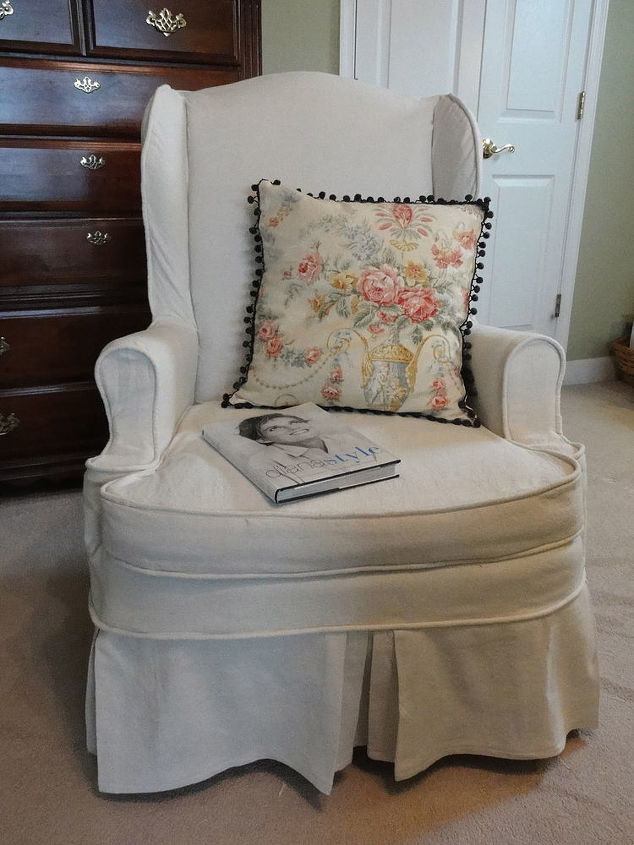 my first attempt at slipcovering a wongback and covering a bullet hole in the, diy, painted furniture, reupholster, I used painters canvas drop cloths from Lowes