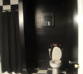 has anyone successfully painted over a completely black room trim ceiling moulding, bathroom, painting, plumbing, Black shower curtain this is a nice spacious bathroom approx 10 x10