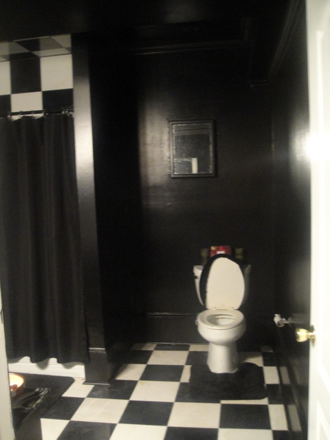 has anyone successfully painted over a completely black room trim ceiling moulding, bathroom, painting, plumbing, Black shower curtain this is a nice spacious bathroom approx 10 x10