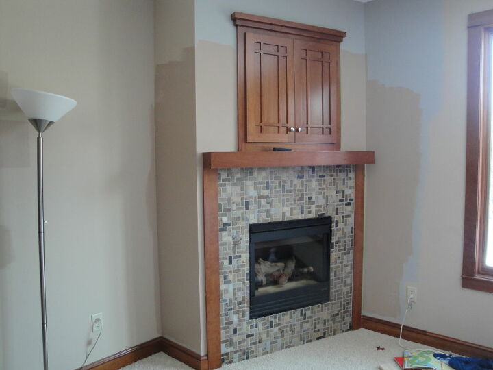 i want to take off the tile and wood frame on this fireplace and put up white stacked, fireplaces mantels, home decor, tiling, Full view I just think this fireplace could be way cooler