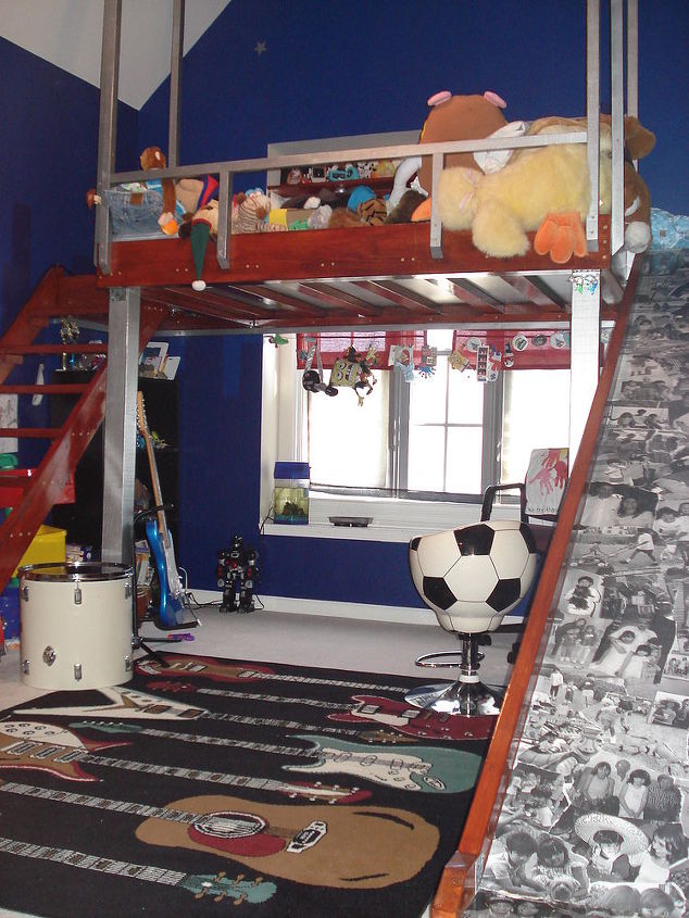 loft bed w slide and stairs, bedroom ideas, painted furniture, lots of playroom underneath