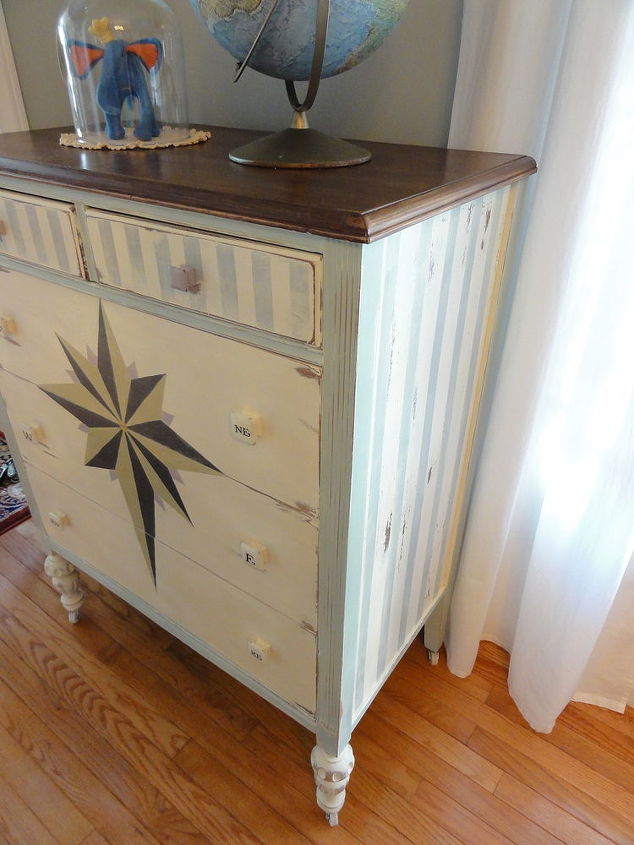 this dresser was not that beautiful in person dull dried with lots of old glue that, painted furniture, faded tent stripes on the sides