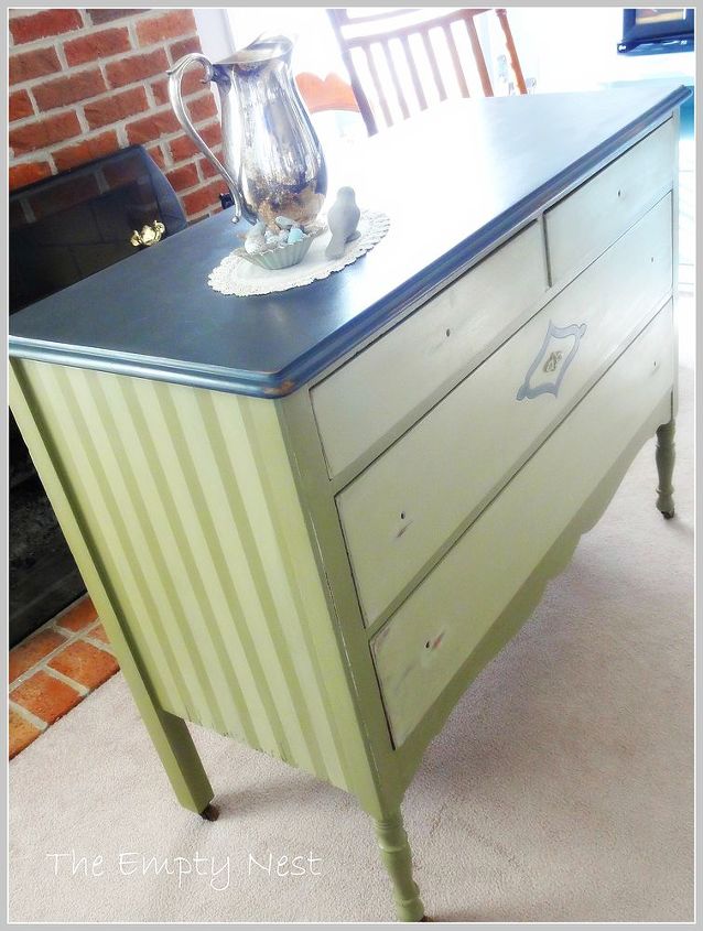 thrifted latex painted vintage dresser gets a new suit, painted furniture, Custom ASCP green color mix some cool stripes and a gorgeous Graphite dresser top now he just needs some great knobs