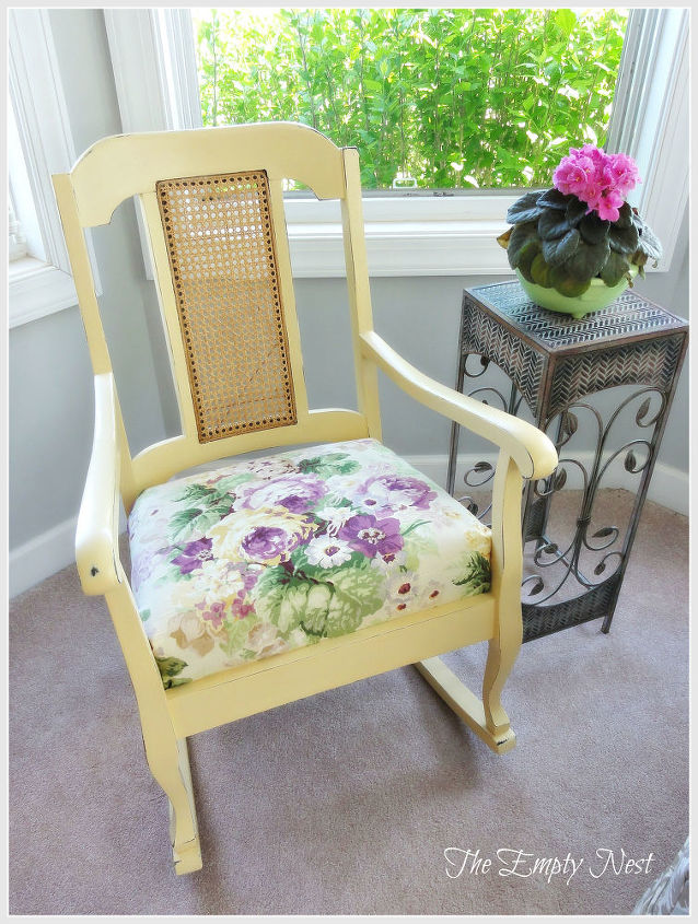 love how all the annie sloan chalk paints mix together so beautifully i mixed arles, chalk paint, painted furniture, rocker after applying a mix of Arles and Cream with a little distressing and clear wax sunshine in a can The fabric is a lovely remnant piece of floral linen