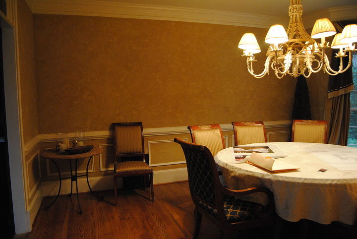 this tired 15 year old dining room needed a facelift even the old toparies were, dining room ideas, home decor, The walls were nicely fauxed and the furniture was Henredon so we worked around those two elements