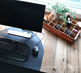 my 3 00 farm table styled pallet desk, basement ideas, diy, painted furniture, pallet, The coke crate is perfect for pens and such There are other repurposed office ideas in the reveal as well