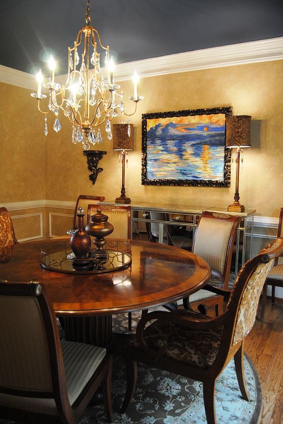 this tired 15 year old dining room needed a facelift even the old toparies were, dining room ideas, home decor, We had my artist customize a painting to the space