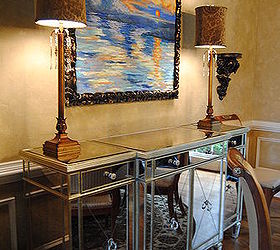 this tired 15 year old dining room needed a facelift even the old toparies were, dining room ideas, home decor, Love this mirrored buffet adds a glamorous touch
