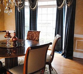 this tired 15 year old dining room needed a facelift even the old toparies were, dining room ideas, home decor, We had the drapes made to add the fullness those windows needed