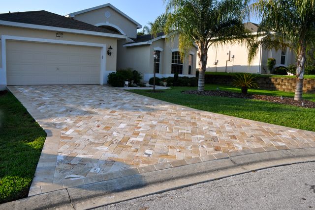 new driveway in travertine 6 x 12 chiseled, concrete masonry, curb appeal, Our new drriveway