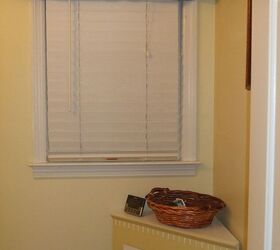 powder room renovation, The blue green and yellow checked curtains added the right amount of color to the window area