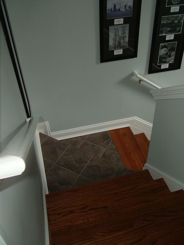 q stairs remodel, home decor, stairs, tiling, after tile and oak