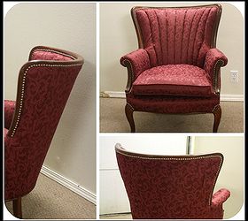 one queen anne inspired channel back chair is reupholstered, painted furniture, reupholster, Applying the brad nails was a two person job One person folds the raw edge of the fabric under while the other person tacks the brad nail in