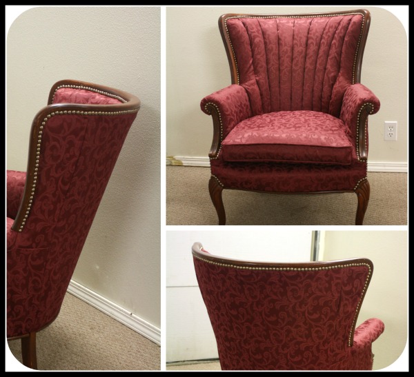 one queen anne inspired channel back chair is reupholstered, painted furniture, reupholster, Applying the brad nails was a two person job One person folds the raw edge of the fabric under while the other person tacks the brad nail in