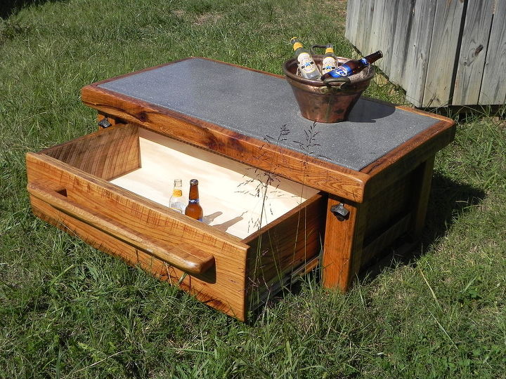 the ultimate outdoor cocktail cooler table, outdoor furniture, outdoor living, painted furniture, And a cooler drawer that an hold 4 cases of your favorite beverage