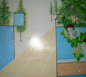 my mural in foyer, foyer, painting, The dull blank wall as one entered my foyer is changed to a friendly female Chinese Peacock and a road and fence in perspective