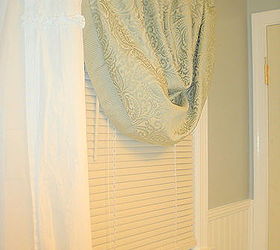 teeny tiny master bath renovation, bathroom ideas, home decor, painting, woodworking projects, Simple blinds and a sliver grey valance is all the little window needed