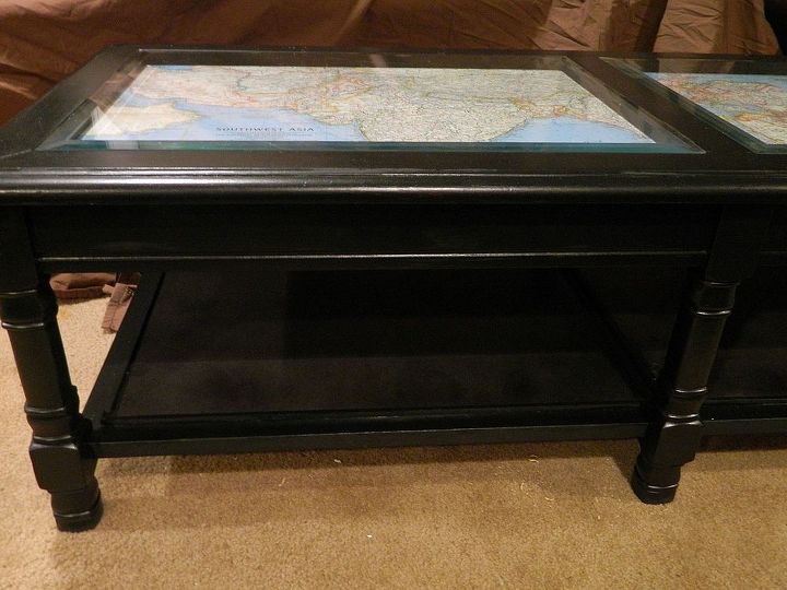 coffee table makeover with antique maps, chalk paint, painted furniture, Also had to redo the bottom shelf because it was beat up old wicker Covered over it with thick cardboard and wood trim