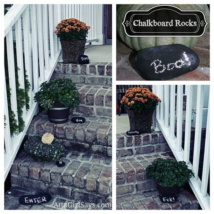halloween rocks painted rocks make great outdoor halloween decor, chalkboard paint, crafts, halloween decorations, seasonal holiday decor, These spooky Halloween chalkboard rocks warn visitors to turn back before it s too late Will they heed the message