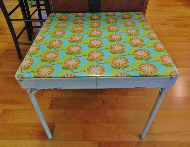 update a card table with new fabric, painted furniture, repurposing upcycling, in 30 minutes i created a fresh new look for this vintage table by replacing its top