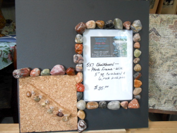 my lake superior rock collection, crafts, home decor, pallet, repurposing upcycling, tri purpose photo frame 5x7 frame cork board with rock pushpins chalkboard available for sale TheHollyTree Holly MI 248 634 9805