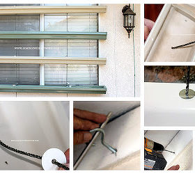 living window shade, container gardening, flowers, gardening, outdoor living, repurposing upcycling, window treatments, windows, Next after measuring for placement for the Screw Eyes holes were drilled eye screws were screwed in and cording was added cord from the inside and out the bottom add washer and tie cord in a knot This was done for each gutter after measuring 12 inches down and then repeated for the rest of the gutters