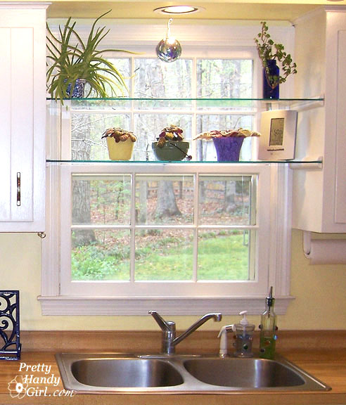 diy glass shelves in front of kitchen window, shelving ideas, A little sunny spot in the kitchen