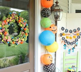 happy halloween front porch, chalkboard paint, crafts, curb appeal, halloween decorations, seasonal holiday decor, wreaths, I used fishing line to attach the lanterns and pumpkins to the hooks