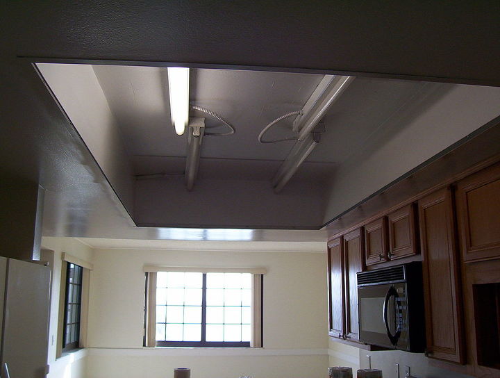 what to do with that 1980 s style kitchen lighting, Lighted grid drop ceiling removed