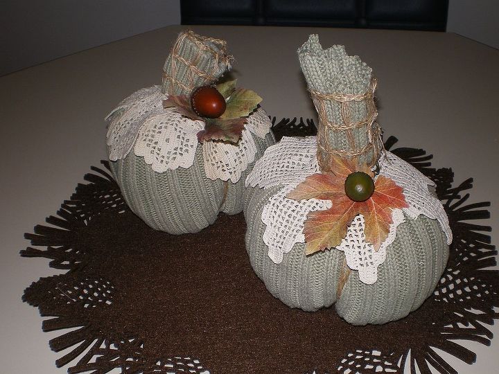 sweater pumpkins with vintage lace, crafts, seasonal holiday decor, I used twine to make indentations in the sides and cover the stem I then glued the lace around the base of the stem
