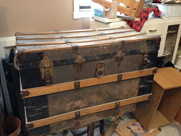 vintage trunk makeover, painted furniture, repurposing upcycling, Before