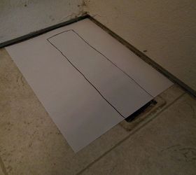 grouted vinyl tile, bathroom ideas, flooring, tile flooring, tiling, I placed a sheet of paper on the floor lining up the edges with where my tile will sit and then used a permanent marker to make the template