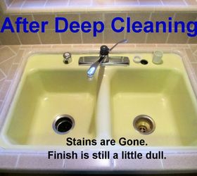 removing kitchen sink stains preventing them from coming back, After Deep Cleaning 1 Scrubbed stains with Barkeeper s Best Friend 2 Performed a bleach soak on the remaining stains
